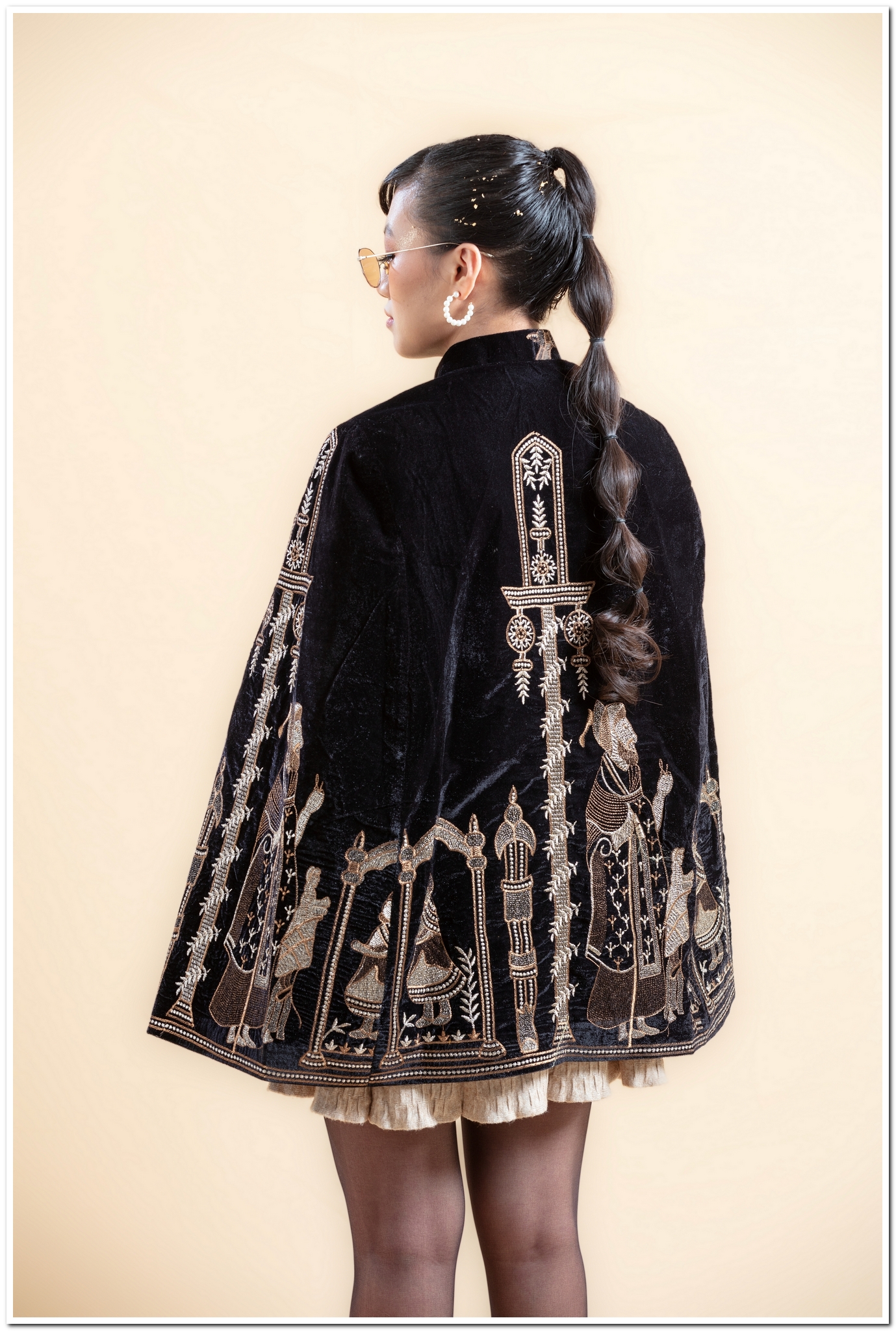 mughal-embroidery-cape.jpg Mughal embroidered black cape by Vintage Weaves