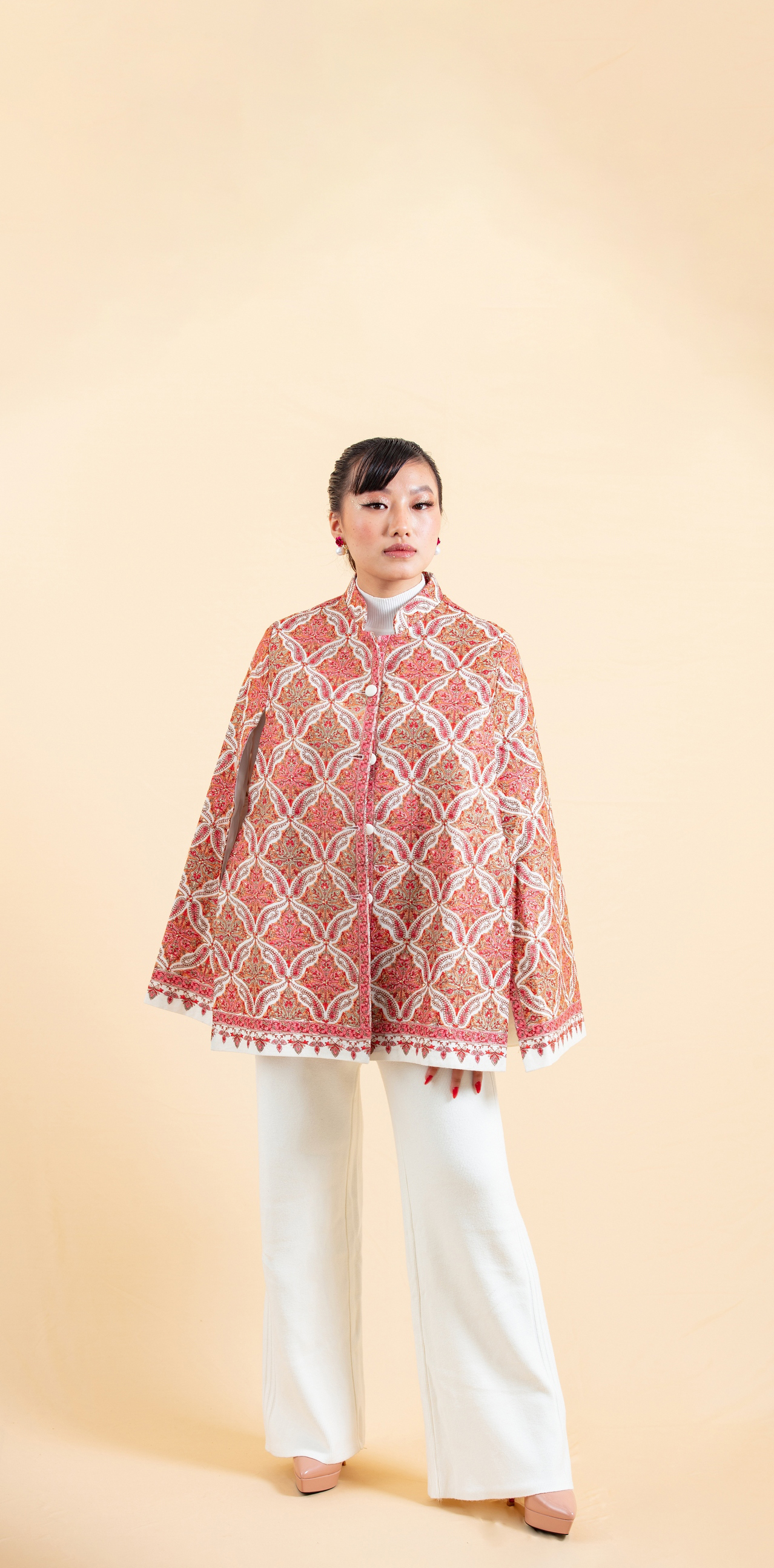 Red & White Mist Jamavar Cape in soft lavender with floral patterns.
